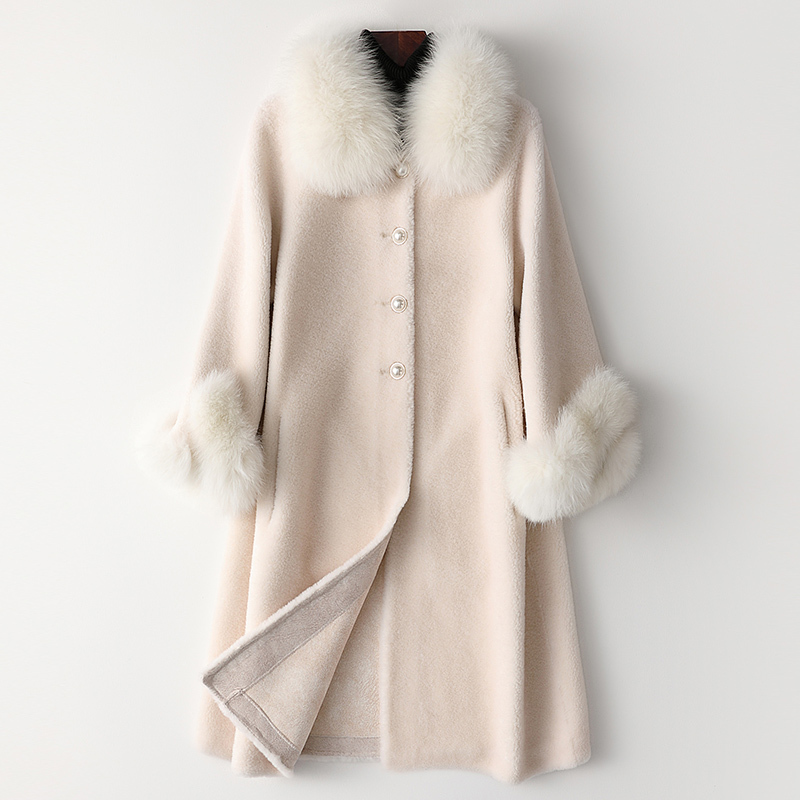 秋冬海宁羊剪绒皮女外套长款狐狸毛复合皮毛一体t视频