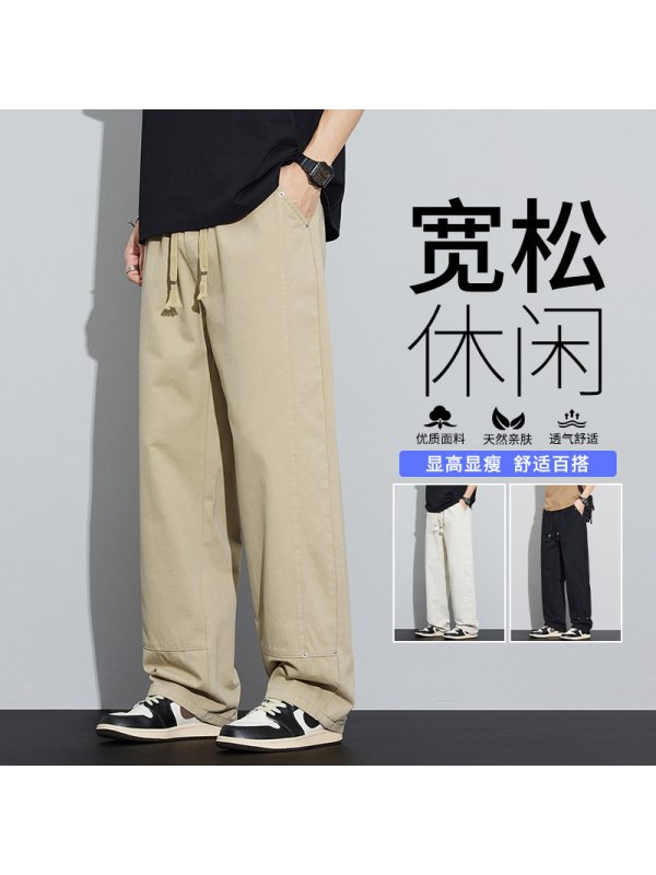 潮牌时尚裤子男款夏季薄款宽松直筒透气阔腿抽绳男士工装休闲男裤