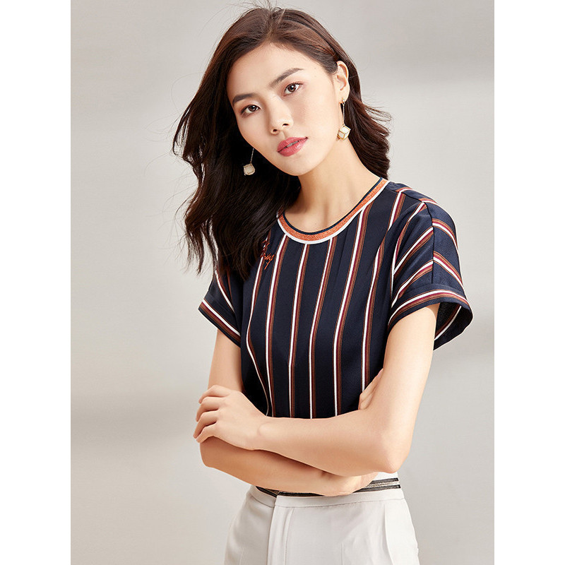 欧昵雪夏连肩袖字母绣花宽松竖条纹圆领短袖t恤女上衣x