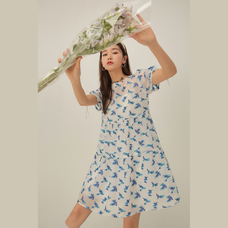 OtherMix碎花泡泡袖连衣裙女2021年夏季新款印花短袖圆领宽松裙子