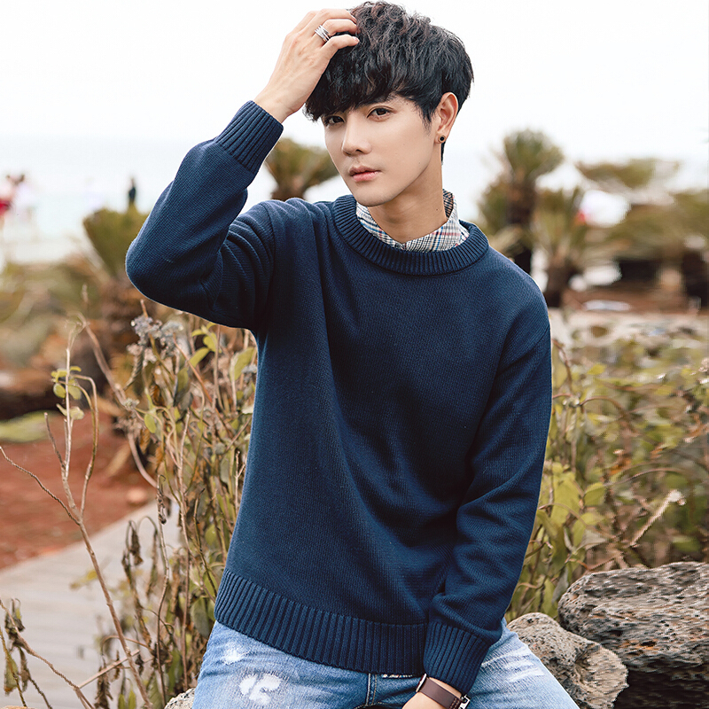niao毛衣男装2018秋冬新款圆领套头针织衫时尚绣花韩版休闲修身打底衫