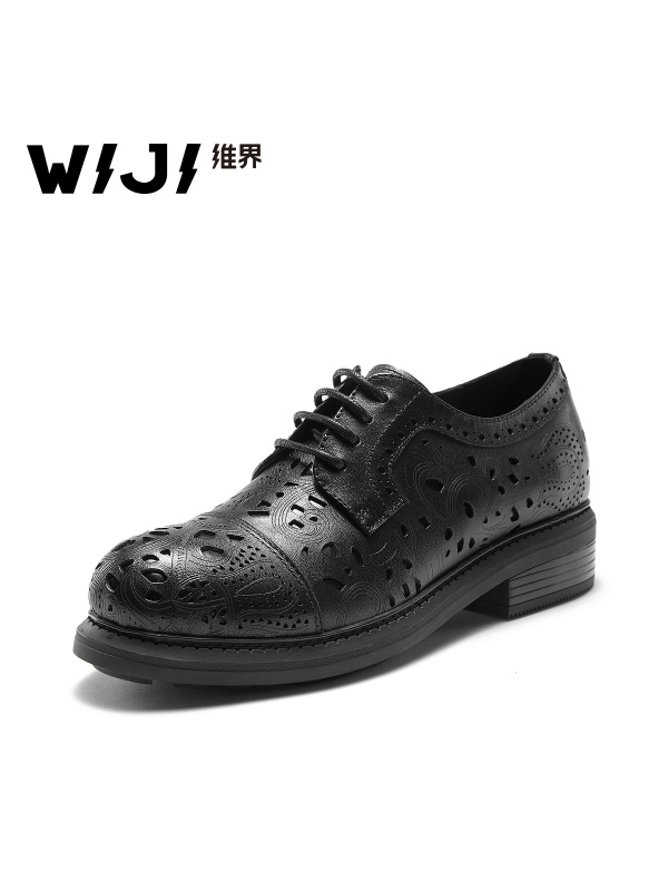 WIJI冬季英伦新款中性潮流时尚女鞋真皮粗跟系带浅口百搭休闲皮鞋