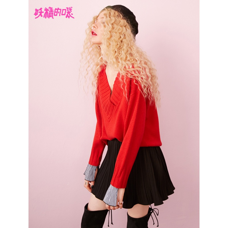 妖精的口袋Y套头衫女秋装V领短款宽松荷叶袖红色毛衣女J