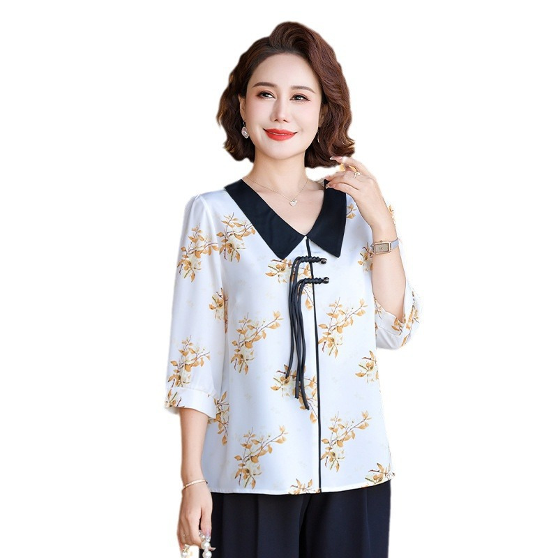 新款印花夏装妈妈装中袖上衣中老年薄款丝滑小衫中年女50岁哇哇领