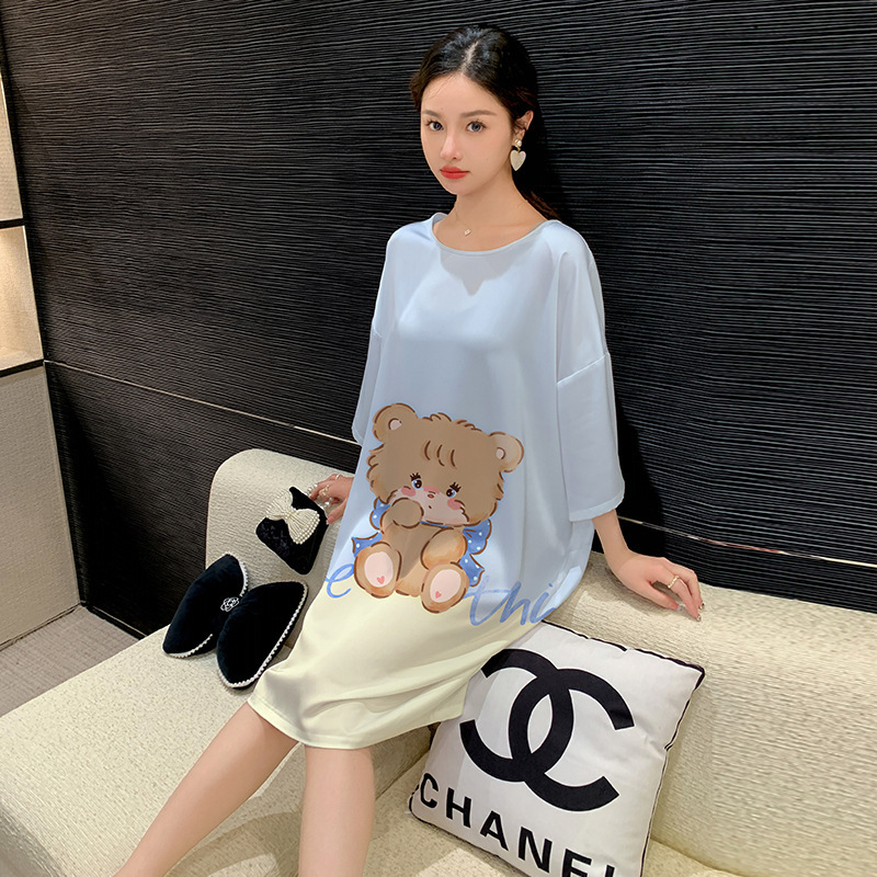 Ceba睡裙女士睡衣裙子夏天薄款短袖缎面中长款家居服大码可外穿2
