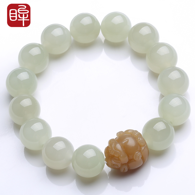 印象眸 和田玉圆珠手链 浅青玉佛珠配貔貅玉石手串 附送证书