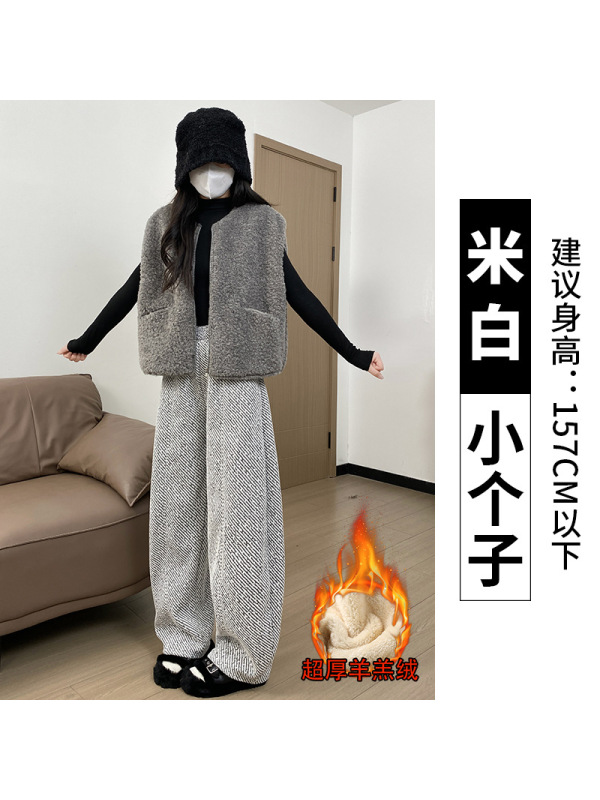 羊羔绒黑色毛呢卫裤女冬新款加绒保暖棉裤胖mm大码加厚阔腿裤