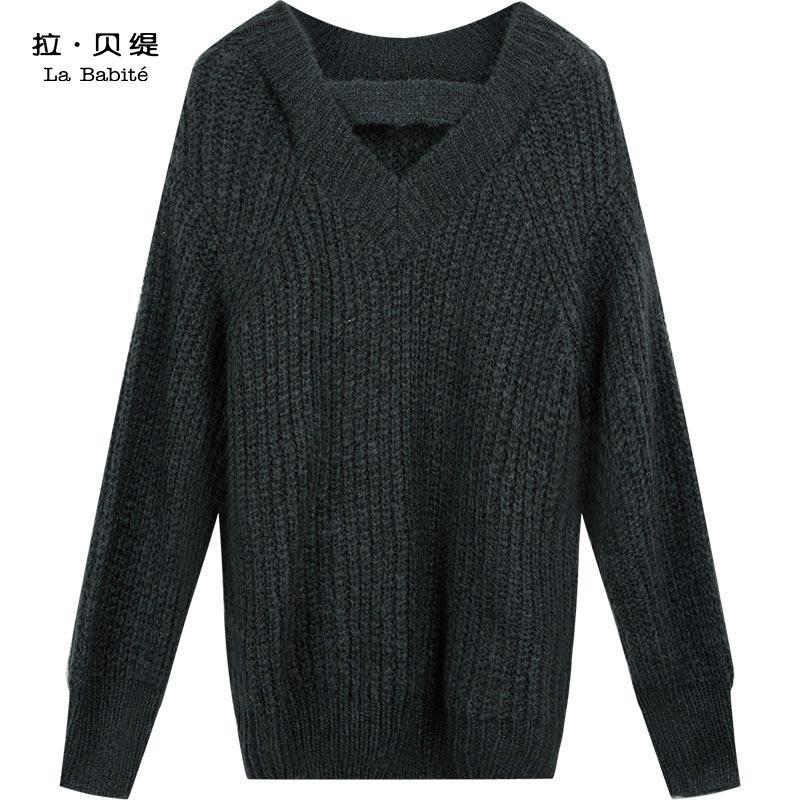 拉贝缇毛衣女学生秋季韩版宽松V领黑色粗线打底针织衫女60006044