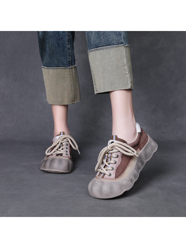 头层牛皮复古拼色厚底板鞋女2025春季新款舒适百搭休闲真皮单鞋