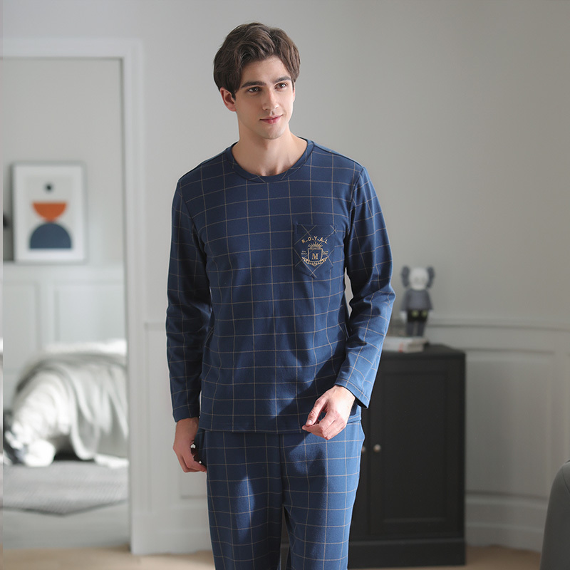 芬腾睡衣男士夏季新款春秋季纯棉长袖家居服男款全棉格子大码套装