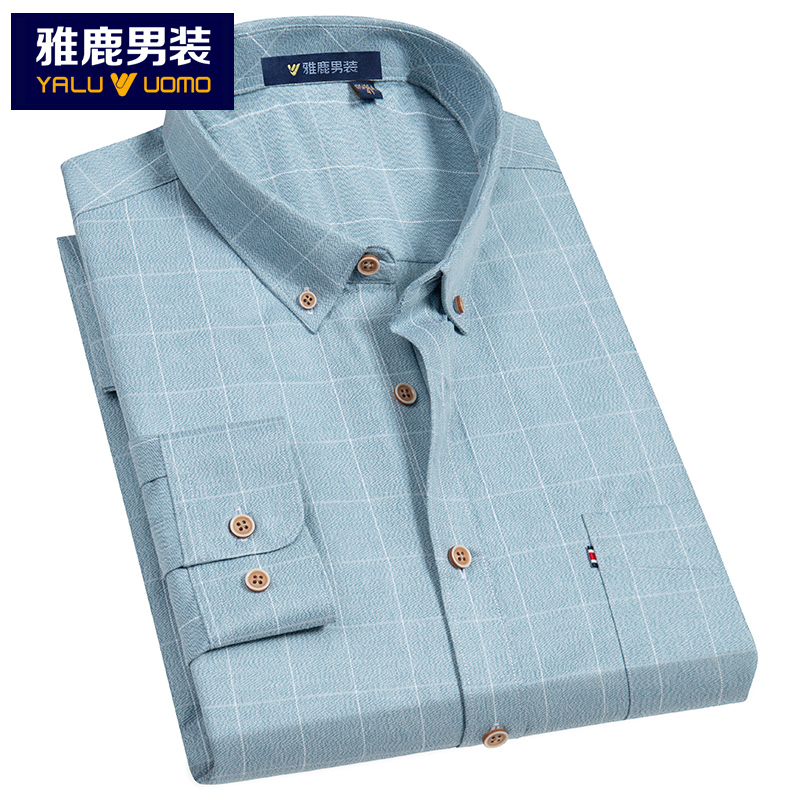 雅鹿男装长袖休闲衬衣棉混纺亲肤舒适格子男士长袖衬衫153D1902