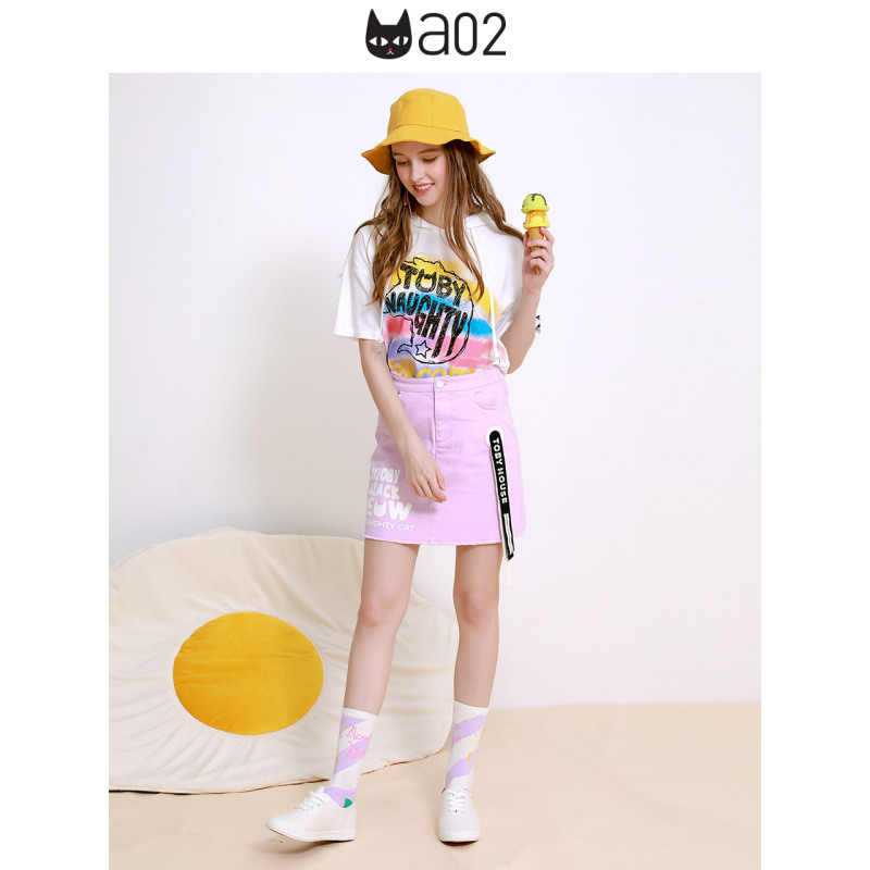 a02商场同款甜美少女连帽抽绳印花短袖T恤女D1U0C0031KT