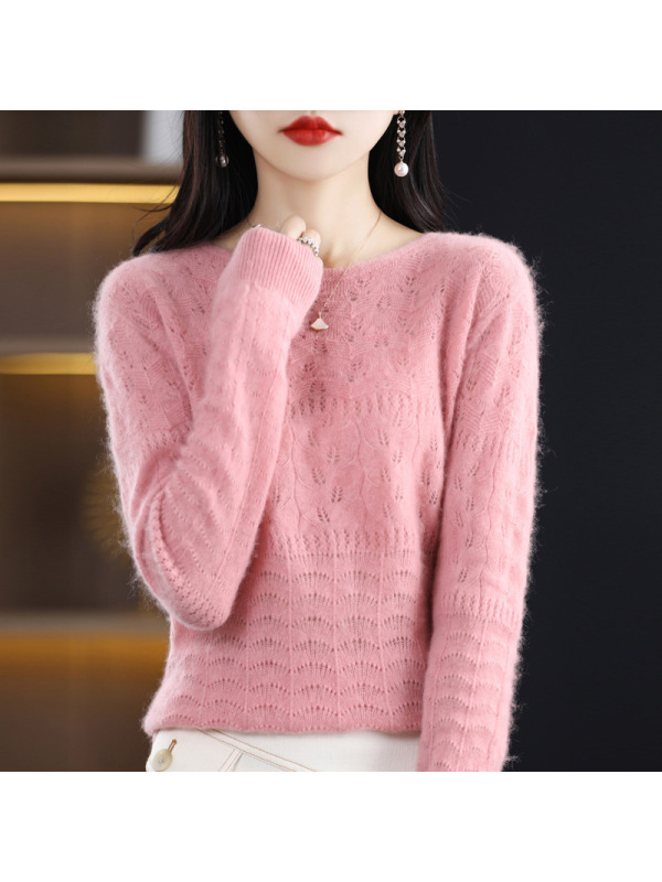 一线成衣羊毛衫女早春秋宽松圆领镂空长袖套头羊绒针织衫打底毛衣