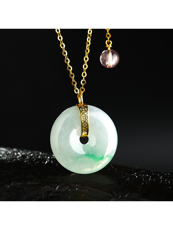 印象眸18k金镶翡翠吊坠金镶飘花平安扣男女款玉石挂件送证书