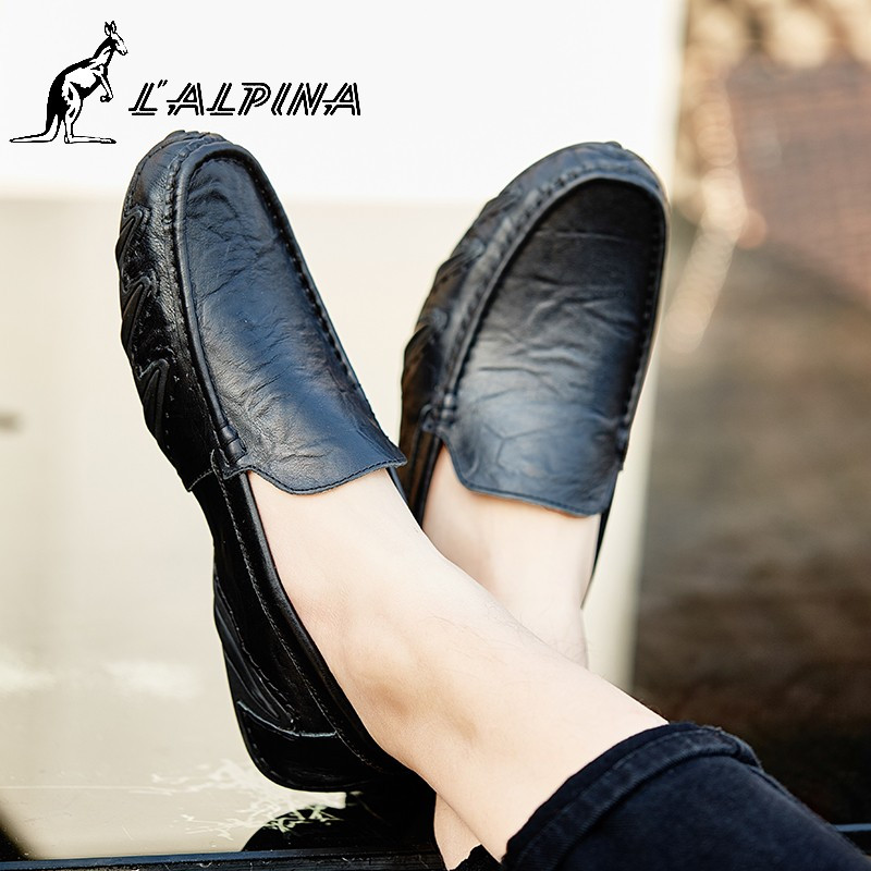 阿尔皮纳(L’ALPINA)意大利袋鼠男鞋懒人休闲驾车男潮鞋2018新款韩版真皮套脚豆豆鞋