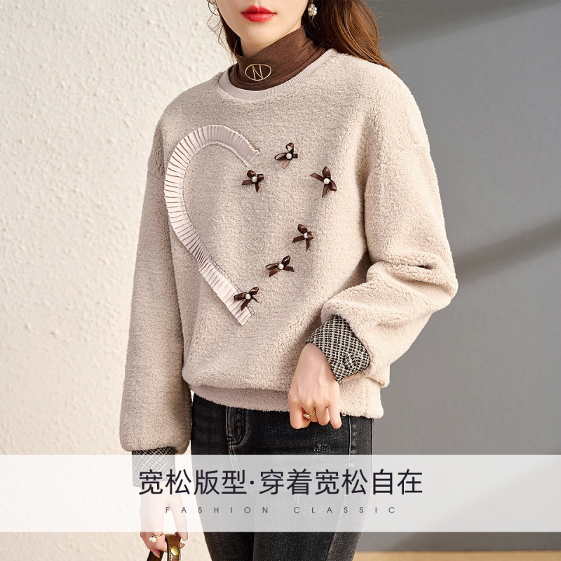 OUNIXUE欧昵雪 | [保暖羊羔毛上衣]冬季减龄圆领蝴蝶结拼接加厚宽松卫衣女