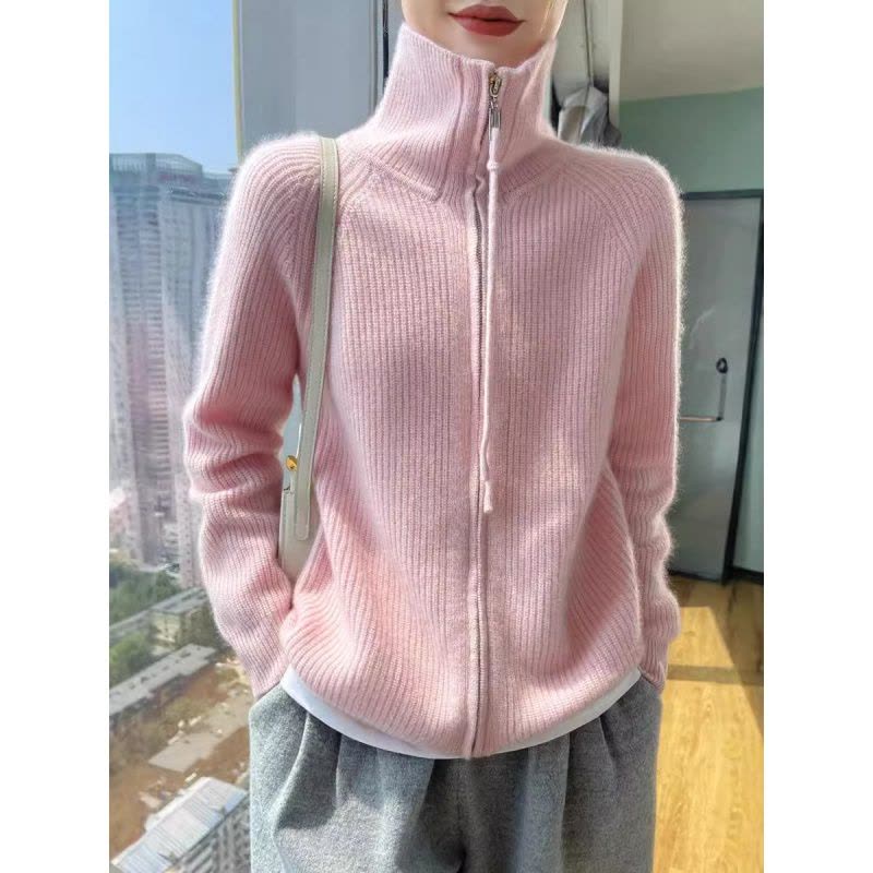 24秋冬新款韩版慵懒高领落肩针织开衫双开拉链宽松显瘦时髦上衣女图片