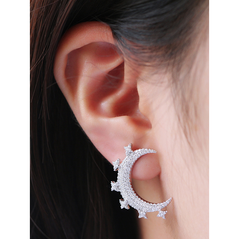 apmmonaco一千零一夜星星月亮925银耳饰单只女士经典复古穿孔镶晶钻