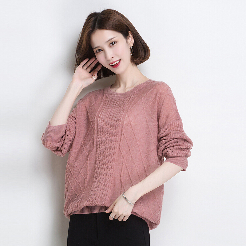女士毛衣宽松显瘦打底衫女款马海毛上衣女圆领长袖薄款针织衫套头毛衣