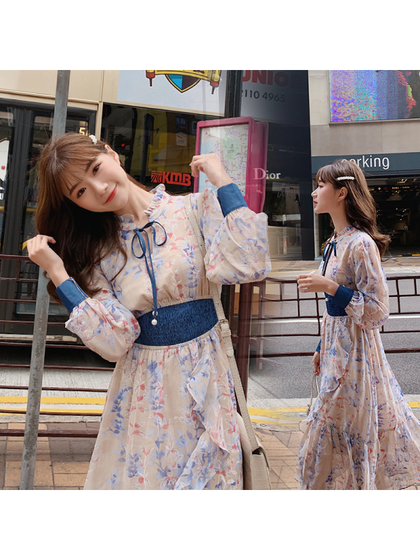 【COMEACROSS】2019年春季时尚潮流舒适简约个性拼色长袖中长款连衣裙