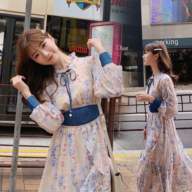 【COMEACROSS】2019年春季时尚潮流舒适简约个性拼色长袖中长款连衣裙图片