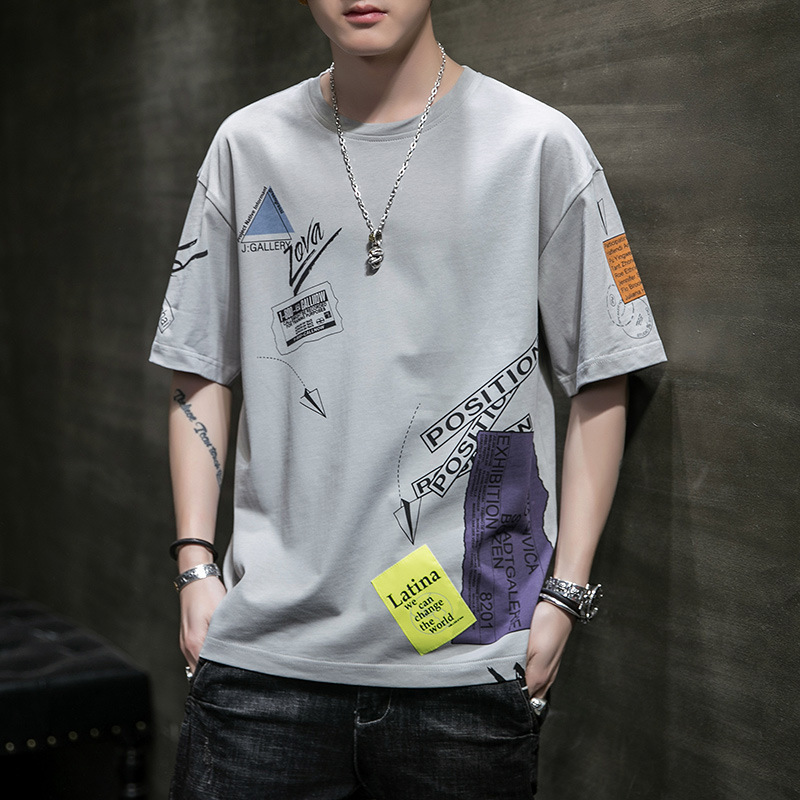 休闲男装短袖夏季新品t恤男圆领宽松印花纯棉打底衫t恤男士潮