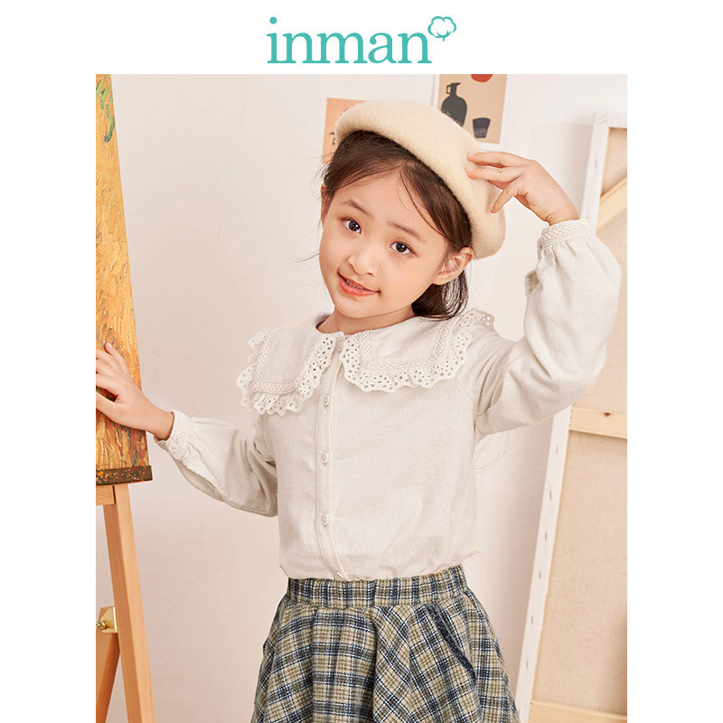 茵曼童装女童长袖衬衫2019秋公主女孩上衣翻领儿童开衫衬衣单排扣