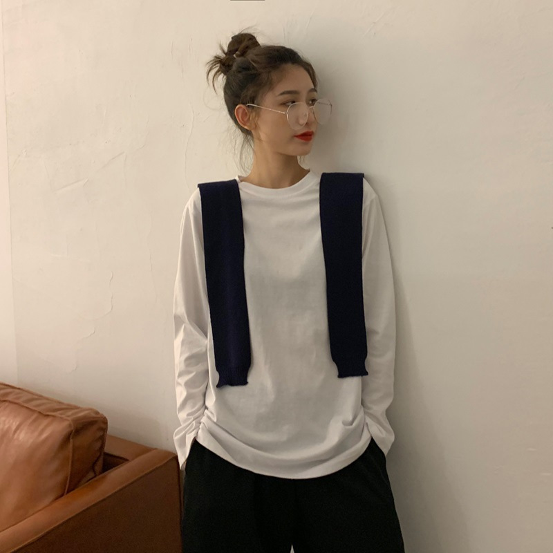 白色打底衫女秋季宽松新款韩国女装洋气内搭纯色学生长袖T恤女装