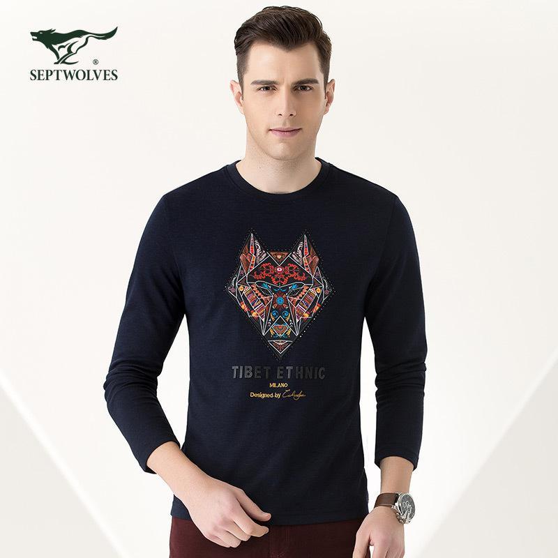 q七匹狼狼文化时尚休闲长袖狼图腾印花长袖t恤男视频