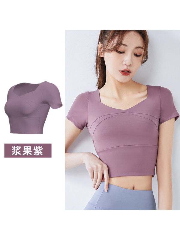 拼接速干瑜伽服带胸垫瑜伽短袖裸感修身显瘦运动健身上衣