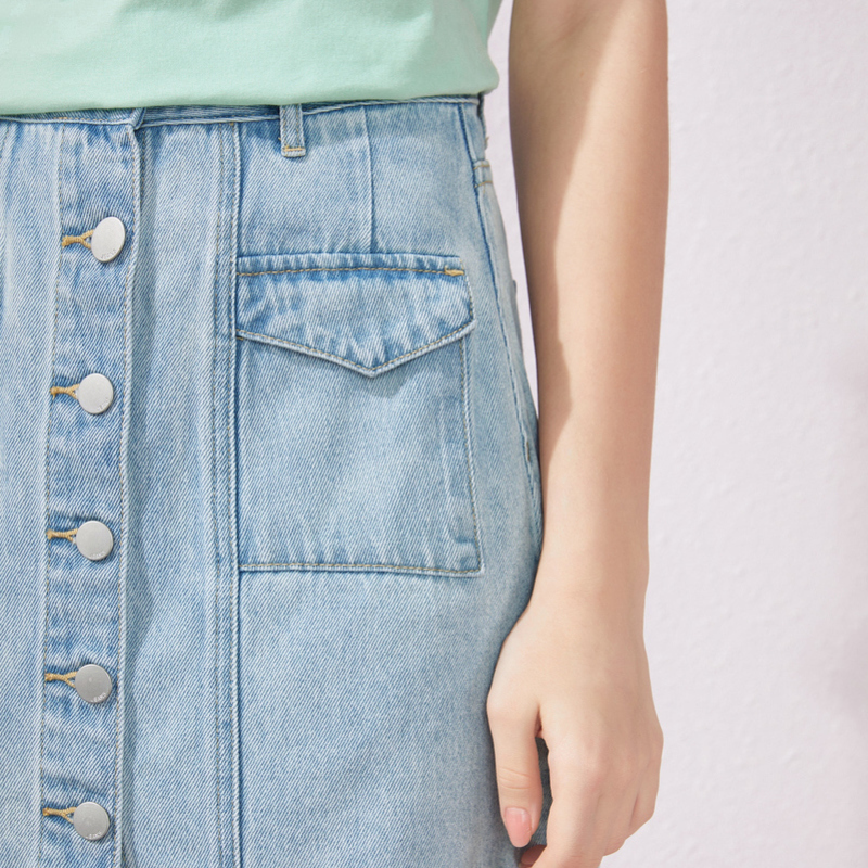 【满198减100预估价：30】Semir森马半身裙女2019夏季新款牛仔裙子少女潮流毛边学生口袋a字短裙
