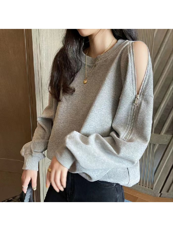 秋冬季长袖露肩拉链卫衣女宽松韩版圆领薄款T恤女士外套上衣女装