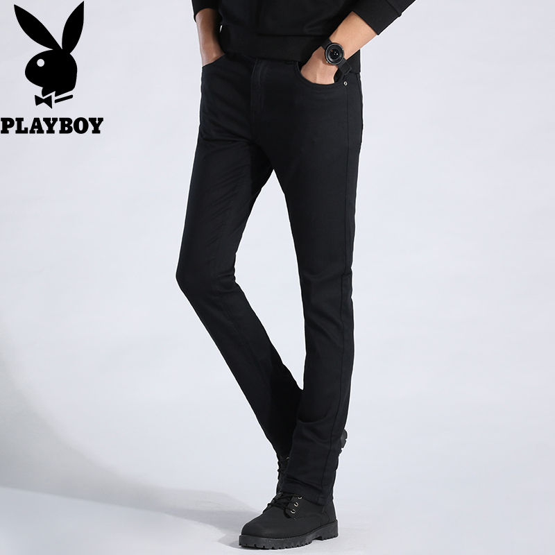 花花公子(PLAYBOY)男士休闲裤黑色 修身小脚裤男生弹力韩版夏季裤子潮帅气