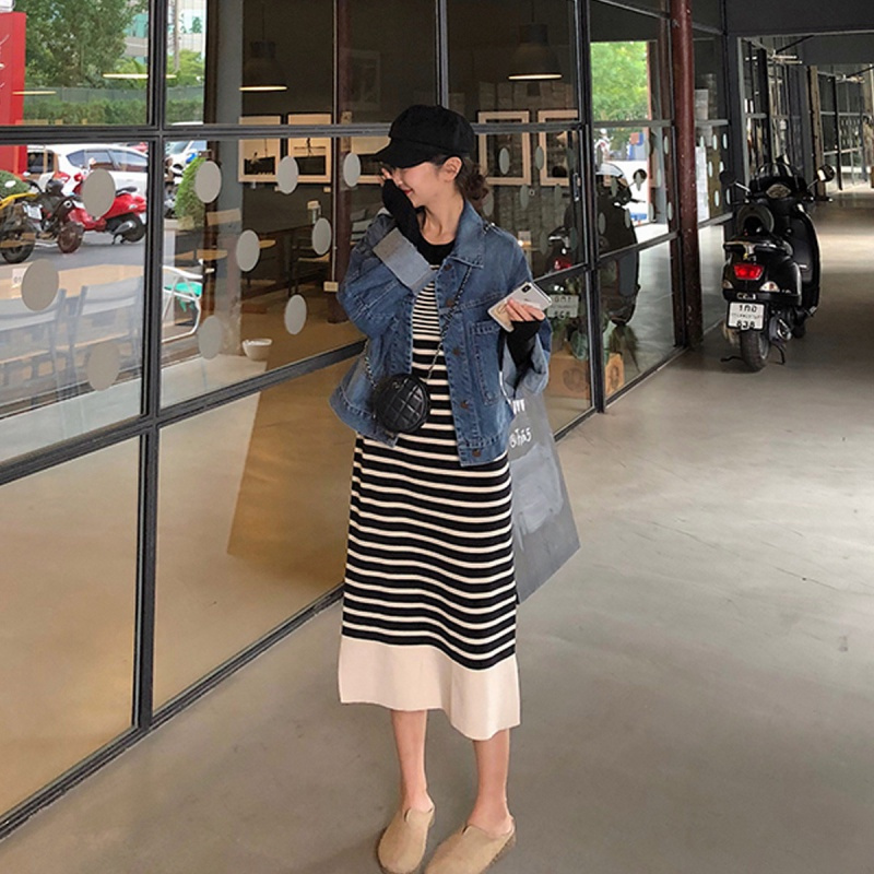 如熙针织连衣裙女简约通勤条纹中长裙拼接修气质裙子