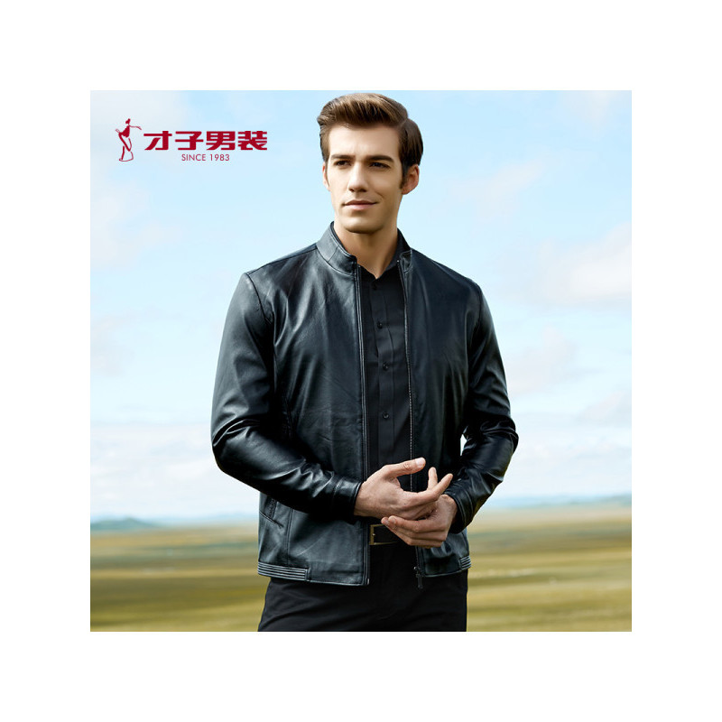 才子男装夹克男秋冬纯色立领时尚拼接商务休闲pu皮衣夹克外套男黑色1