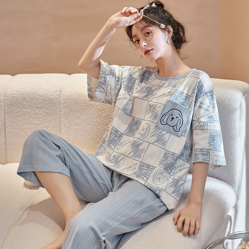 dbmg睡衣女夏季短袖七分裤夏天女士套装可外穿韩版可爱卡通家居