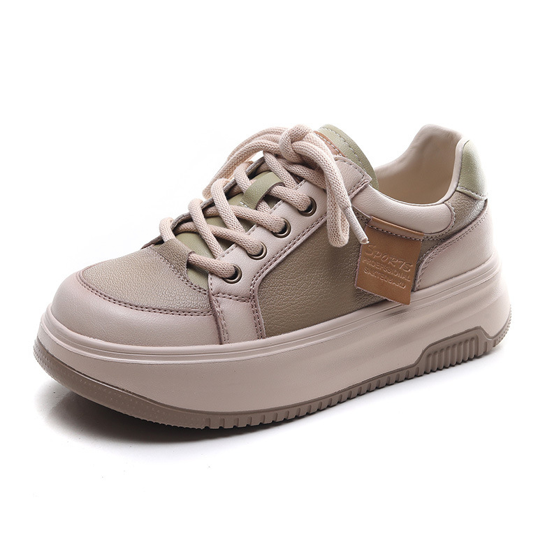 真皮厚底板鞋春季新款圆头松糕单鞋系带运动轻便休闲鞋子