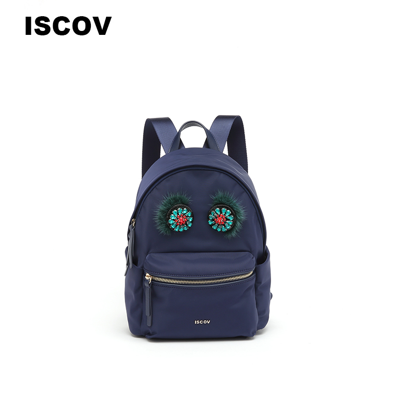 ISCOV时尚双肩包女春夏尼龙拼皮亮钻绒球中号背包