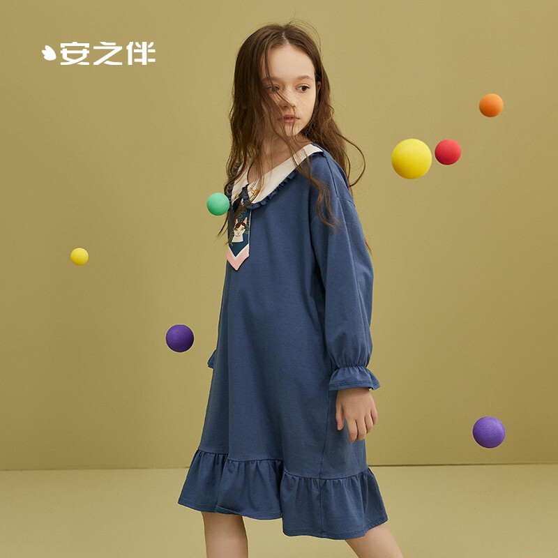 安之伴睡衣女童木耳边翻领小荷叶袖中长裙棉质弹力针织素色长袖可外穿女童裙