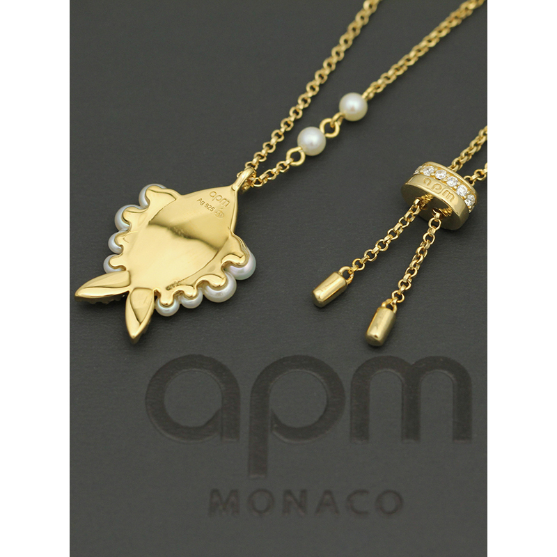apm MONACO幸运小鱼珍珠项链女男 法式时尚吊坠颈饰锁骨链 复古毛衣链银饰品