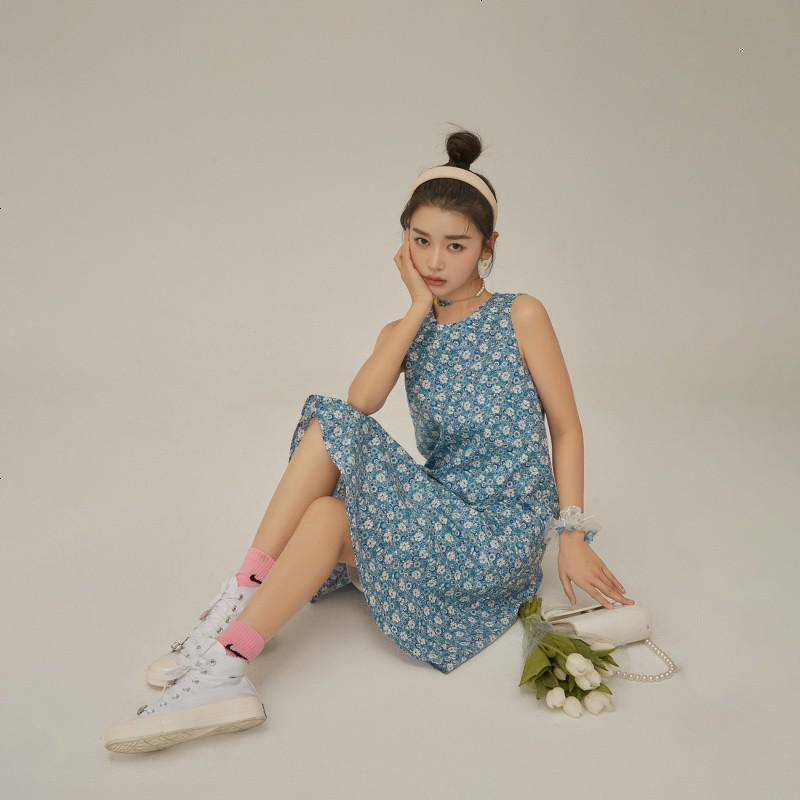 OtherMix法式碎花连衣裙2021年夏季新款无袖中裙宽松圆领女裙子潮