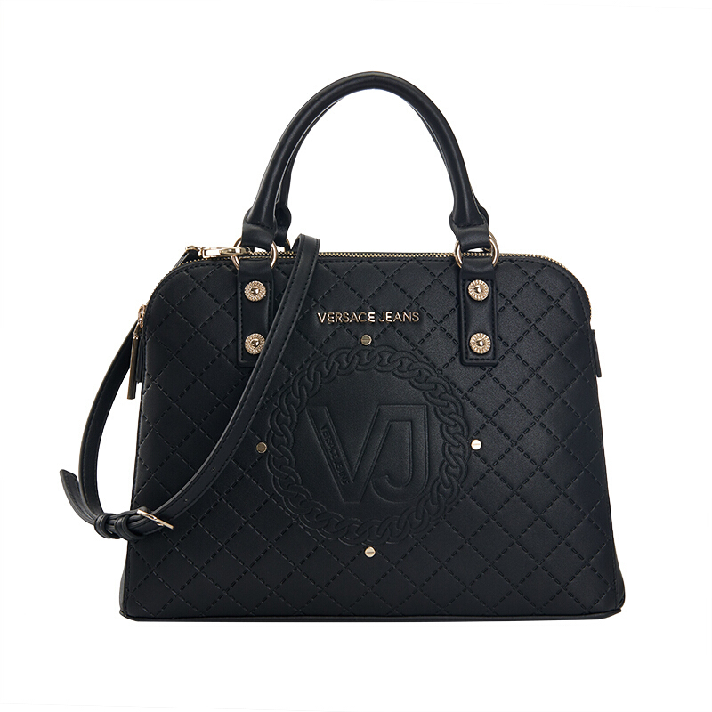 versacejeans范思哲18新款女士黑色聚酯纤维logo压纹双层拉链手提包e1
