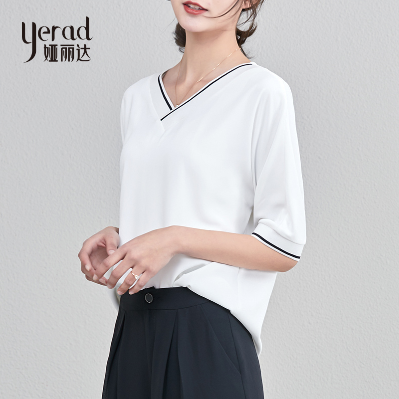 娅丽达女装2019夏季新款白色雪纺衫女宽松七分袖V领纯色女士小衫I6104
