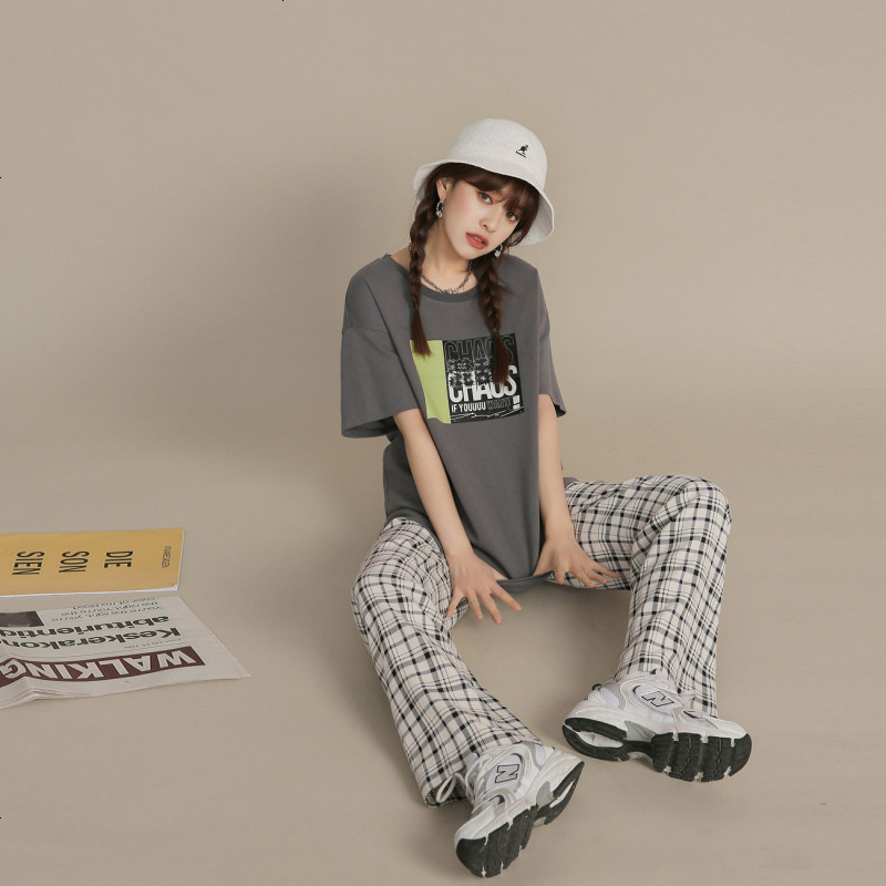 OtherMix垂感格子裤情人节系列2021年新款高腰直筒休闲阔腿裤子女