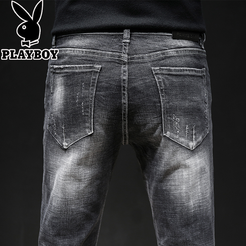 花花公子PLAYBOYJEANS牛仔裤男秋冬黑色修身型直筒弹力小脚男士长裤子潮