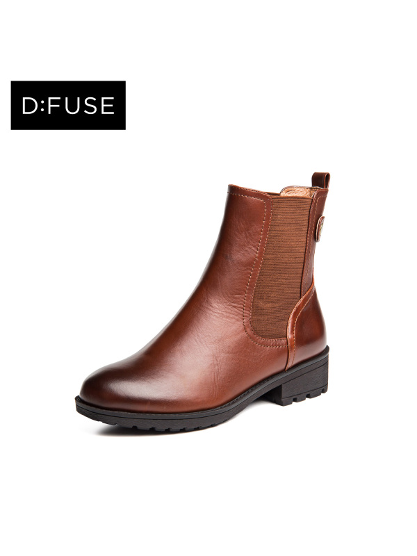 D：Fuse/迪芙斯冬新款牛皮圆头中跟切尔西短靴女鞋DF54115146_GMB43