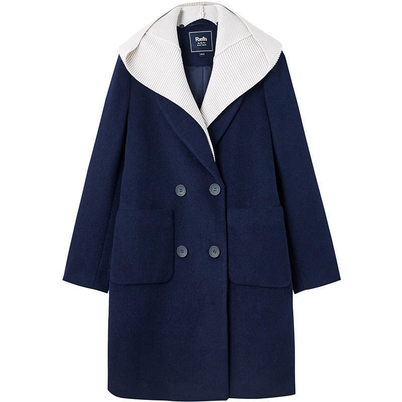 拉夏贝尔冬季2018秋冬新款韩版学生宽松假两件流行呢子大衣 蓝色 s