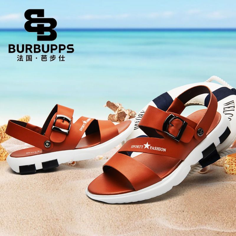 Burbupps/法国芭步仕男士沙滩鞋真皮透气凉鞋外穿两用拖鞋夏潮鞋