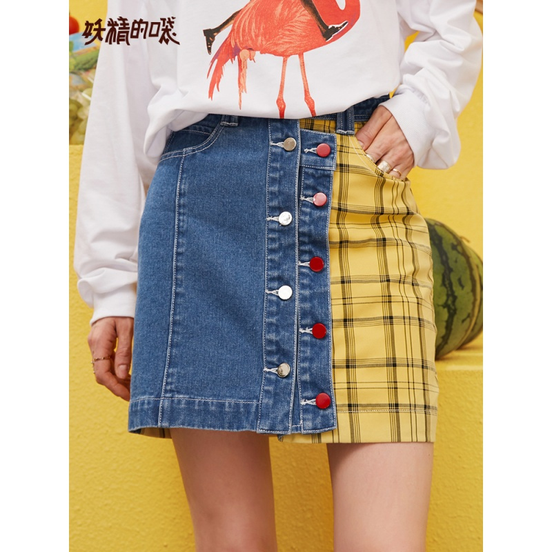 妖精的口袋野兽派春装2019新款女潮ins拼接牛仔格子半身短裙a字裙