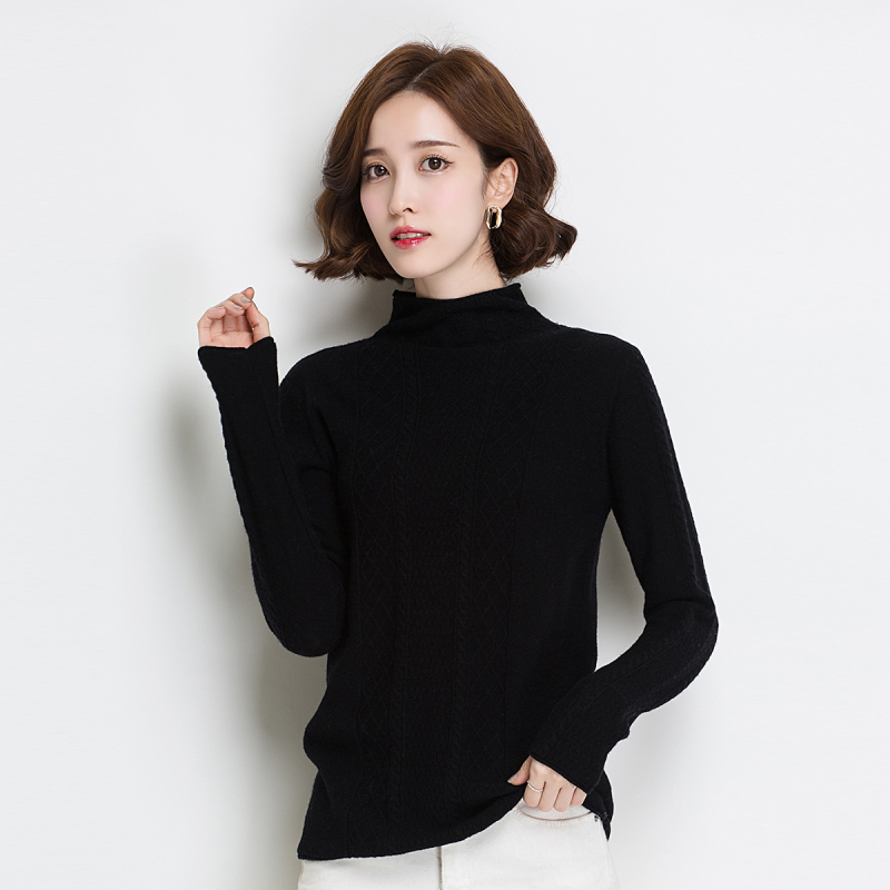 金菊秋季新款女士纯羊毛毛衣女半高领羊毛衫长袖修身打底衫麻花毛衣女